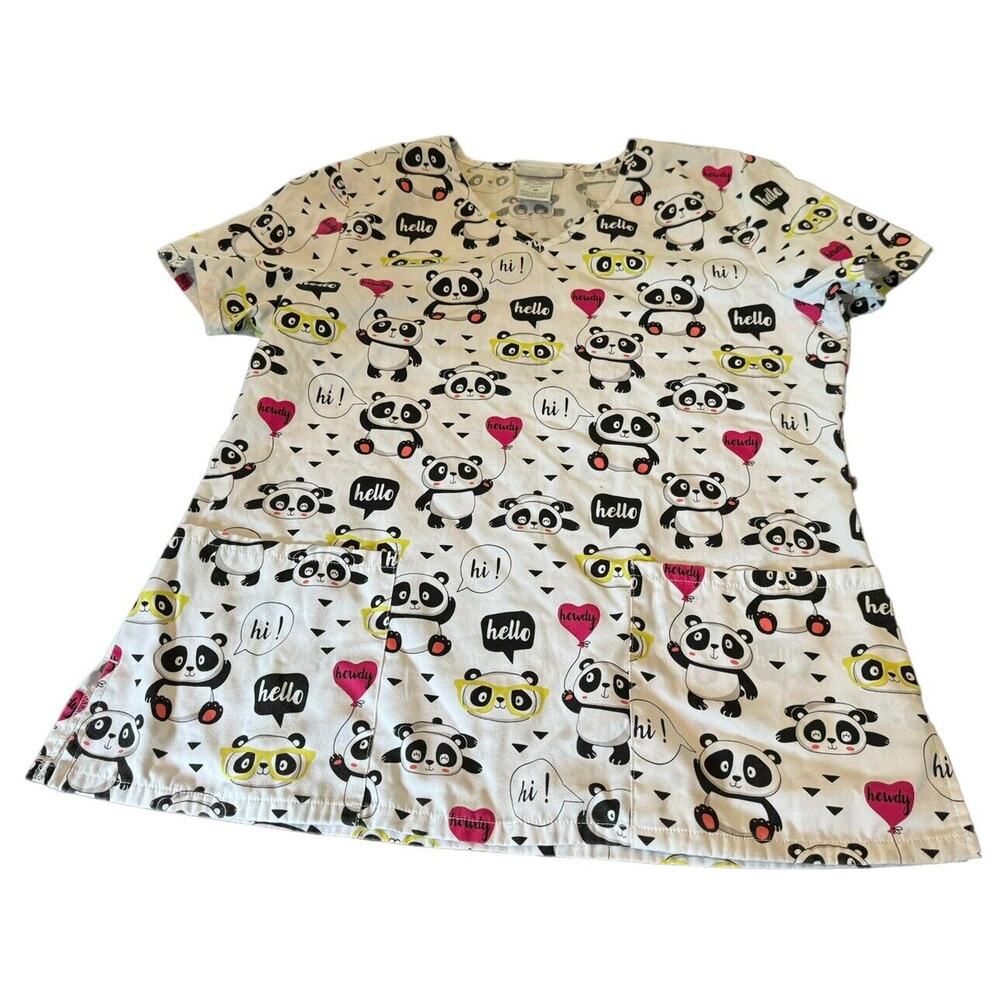 Scrub Star Pandas Hearts Hello‎ Hi Medium V Neck Top Dental Nursing Veterinary